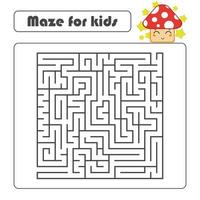 Black square maze with entrance and exit. With a cute cartoon mushroom. Simple flat vector illustration isolated on white background.