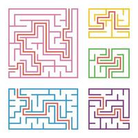 A set of colored square and rectangular labyrinths with entrance and exit. Simple flat vector illustration isolated on white background. With the answer.