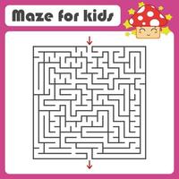 Black square maze with entrance and exit. With a cute cartoon mushroom. Simple flat vector illustration isolated on white background.