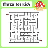 Black square maze with entrance and exit. With a cute cartoon mushroom. Simple flat vector illustration isolated on white background.
