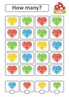 Counting game for preschool children for the development of mathematical abilities. How many hearts of different colors. With a place for answers. Simple flat isolated vector illustration.