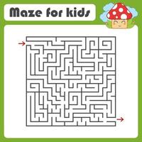 Black square maze with entrance and exit. With a cute cartoon mushroom. Simple flat vector illustration isolated on white background.