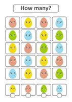 Counting game for preschool children for the development of mathematical abilities. How many eggs of different colors. With a place for answers. Simple flat isolated vector illustration.