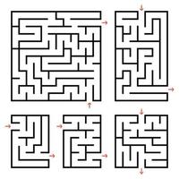 A set of square and rectangular labyrinths with entrance and exit. Simple flat vector illustration isolated on white background.