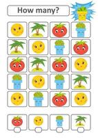 juego de conteo para niños en edad preescolar. el estudio de las matemáticas. cuántos personajes en la imagen. luna, palma, tomate, maceta. con un lugar para las respuestas. Ilustración de vector aislado plano simple.