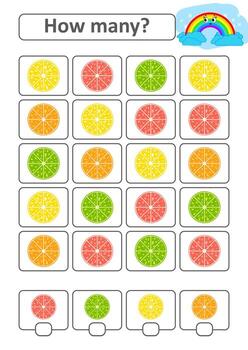 Game for preschool children. Count as many fruits in the picture and write down the result. Lemon, lime, orange, grapefruit. With a place for answers. Simple flat isolated vector illustration.