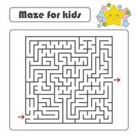 Black square maze with entrance and exit. With a lovely cartoon star. Simple flat vector illustration isolated on white background.