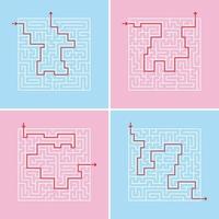 A set of square labyrinths. A game for children and adults. Simple flat vector illustration. With the answer.