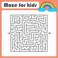 Black square maze with entrance and exit. With a cute cartoon of a rainbow. Simple flat vector illustration isolated on white background.