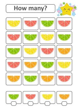 Game for preschool children. Count as many fruits in the picture and write down the result. Lemon, lime, orange, grapefruit. With a place for answers. Simple flat isolated vector illustration.