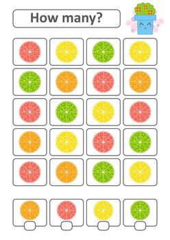 Game for preschool children. Count as many fruits in the picture and write down the result. Lemon, lime, orange, grapefruit. With a place for answers. Simple flat isolated vector illustration.