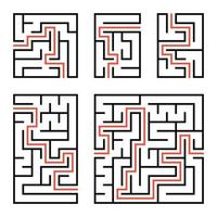 A set of square and rectangular labyrinths with entrance and exit. Simple flat vector illustration isolated on white background. With the answer.