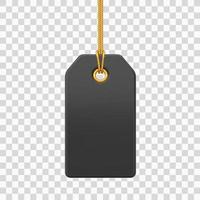 Price tag. Black blank tag hanging on gold rope. Discount label isolated on transparent background. Tag label icon for websites and apps. Realistic 3D vector illustration.