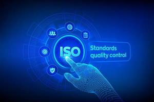 ISO standards quality control assurance warranty business technology concept. ISO standardization certification industry service concept. Robotic hand touching digital interface. Vector illustration.