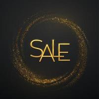 Sale, golden text. Golden metallic luxury letters SALE on shimmering background. Bursting backdrop with glitter. Festive poster or banner. Vector lettering of gold on black background.