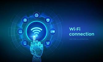 Wi Fi wireless connection concept. Free WiFi network signal technology internet concept. Mobile connection zone. Data transfer. Robotic hand touching digital interface. Vector illustration.