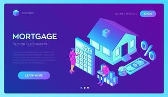 Mortgage concept. House loan or money investment to real estate. Property money investment contract. Buying Home. Man and woman calculates home mortgage rate. Isometric vector with characters.