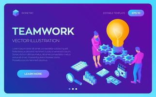 Business concept for teamwork, cooperation, partnership. Creative Idea. Isometric Idea concept. Light bulb with gears. Vector illustration infographic template with people, team, light bulb and icon.