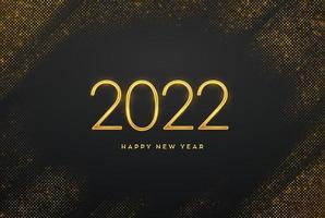 Happy New 2022 Year. Golden metallic luxury numbers 2022 on shimmering background. Realistic sign for greeting card. Bursting backdrop with glitters. Festive poster or banner. Vector illustration.
