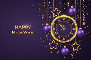 Happy New Year 2022. Golden shiny watch with Roman numeral and countdown midnight, eve for New Year. Background with shining gold stars and balls. Merry Christmas. Xmas holiday. Vector illustration.