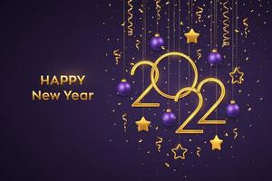 Happy New 2022 Year. Hanging Golden metallic numbers 2022 with shining 3D metallic stars, balls and confetti on purple background. New Year greeting card or banner. Realistic Vector illustration.