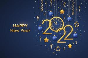 Happy New 2022 Year. Gold metallic numbers 2022 and watch with Roman numeral and countdown midnight, eve for New Year. Hanging golden stars and balls on blue background. Realistic vector illustration.