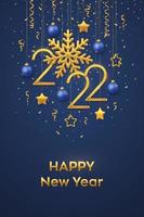 Happy New 2022 Year. Hanging Golden metallic numbers 2022 with shining snowflake and confetti on blue background. New Year greeting card or banner template. Holiday decoration. Vector illustration.