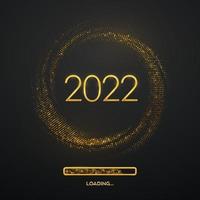 Happy New 2022 Year. Golden metallic luxury numbers 2022 with loading bar on shimmering background. Bursting backdrop with glitters. Greeting card, festive poster or banner. Vector illustration.