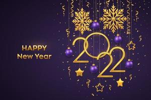 feliz año nuevo 2022. números metálicos dorados colgantes 2022 con copos de nieve brillantes, estrellas metálicas 3d, bolas y confeti sobre fondo morado. tarjeta de felicitación de año nuevo o plantilla de banner. vector. vector