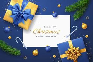 Christmas blue background with square paper banner, realistic gift boxes with green and golden bows, pine branches, gold stars and confetti, balls bauble. Xmas background, greeting cards. Vector. vector