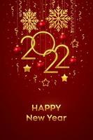 Happy New 2022 Year. Hanging Golden metallic numbers 2022 with shining snowflakes, 3D metallic stars, balls and confetti on red background. New Year greeting card or banner template. Vector. vector