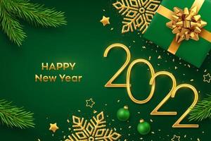 Happy New 2022 Year. Golden metallic numbers 2022 with gift box, shining snowflake, pine branches, stars, balls and confetti on green background. New Year greeting card or banner template. Vector. vector
