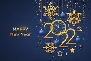 Happy New 2022 Year. Gold metallic numbers 2022 and watch with Roman numeral and countdown midnight, eve for New Year. Hanging golden stars, snowflakes, balls on blue background. Vector illustration.