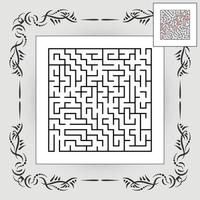 Abstract square maze in vintage frame. Game for kids. Puzzle for children. One entrances, one exit. Labyrinth conundrum. Flat vector illustration isolated on white background. With answer.