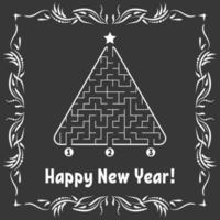 New Year greeting card with a triangular labyrinth. Find the right path to the star. Game for kids. Christmas tree. Maze conundrum. Vector illustration. With frame in vintage style.