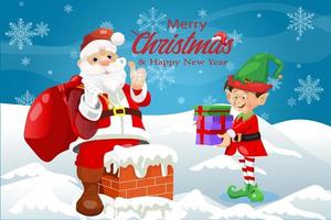 feliz navidad y próspero año nuevo tarjeta de felicitación de invierno santa claus con dibujos animados elfos vector