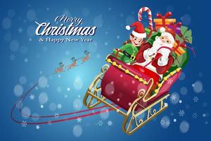 Merry Christmas and happy new year Santa sleigh flying with elf vector