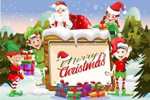 feliz navidad tarjeta de felicitación escena de dibujos animados con santa claus y elfos invierno vector
