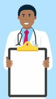 Close-up doctor holding a clipboard without text for stories. Paper for writing or useful information flat style design isolated on light blue background. Male man, hospital employee, stethoscope. vector
