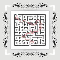 Abstract square maze in vintage frame. Game for kids. Puzzle for children. One entrances, one exit. Labyrinth conundrum. Flat vector illustration isolated on white background. With answer.