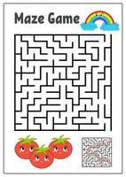 Abstract square maze. Kids worksheets. Activity page. Game puzzle for children. Cute cartoon tomato and rainbow. Labyrinth conundrum. Vector illustration. With answer.