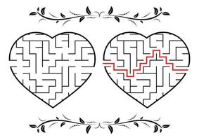 Maze in the shape of a heart. Game for kids. Puzzle for children. Labyrinth conundrum. Flat vector illustration isolated on white background. With answer. Vintage style