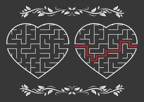 Labyrinth in the shape of a heart. Game for kids. Puzzle for children. Labyrinth conundrum. Flat vector illustration isolated on color background. With answer. Vintage style