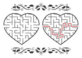 Maze in the shape of a heart. Game for kids. Puzzle for children. Labyrinth conundrum. Flat vector illustration isolated on white background. With answer. Vintage style