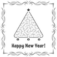 New Year greeting card with a triangular labyrinth. Find the right path to the star. Game for kids. Christmas tree. Maze conundrum. Vector illustration. With frame in vintage style.