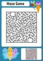 Abstract square maze. Kids worksheets. Game puzzle for children. Cute ice cream. One entrances, one exit. Labyrinth conundrum. Vector illustration. With answer.