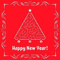 New Year greeting card with a triangular labyrinth. Find the right path to the star. Game for kids. Christmas tree. Maze conundrum. Vector illustration. With frame in vintage style.