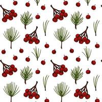 Hand drawn forest and Christmas seamless pattern with evergreen tree branches and needles and red berries isolated on white background. Vector illustration in colored sketch style