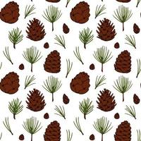 Hand drawn forest and Christmas seamless pattern with fir tree and pine tree branches and cones isolated on white background. Vector illustration in colored sketch style