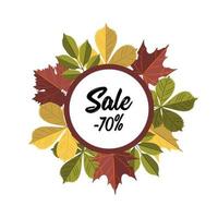 Autumn sale circle label with colorful leaves isolated on white background. Vector illustration